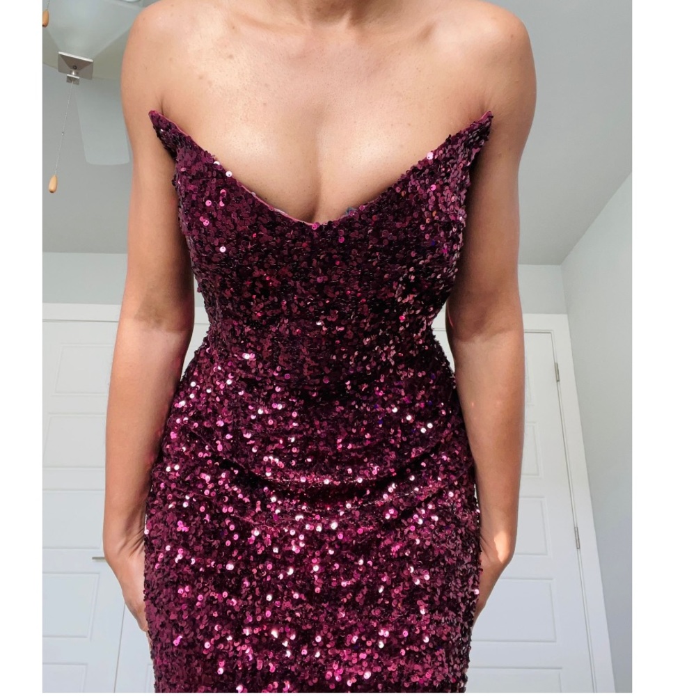 Ox Blood Sequin Corset Occassion Dress - Picture 8 of 12